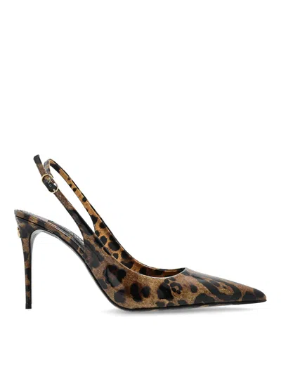 Dolce & Gabbana Lollo Shiny Calf Leather Slingback Pumps In Brown