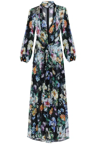 Dolce & Gabbana Long Black Silk Dress With Floral Pattern Women In Multi