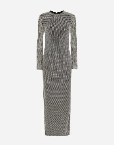 Dolce & Gabbana Long Crystal Mesh Dress In Silver