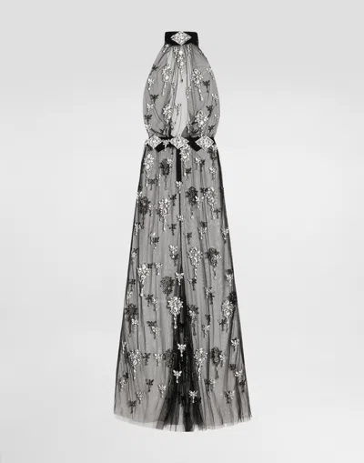 Dolce & Gabbana Long Dress In Tulle Embroidered With Rhinestones In Black