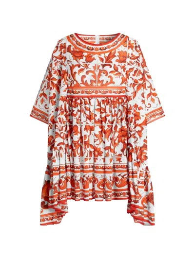 Dolce & Gabbana Long Kaftan Dress In Majolica-print Cotton In Orange