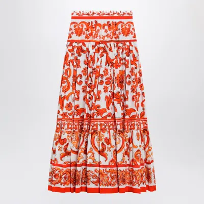 Dolce & Gabbana Long Maiolica-print Cotton Poplin Skirt In Orange