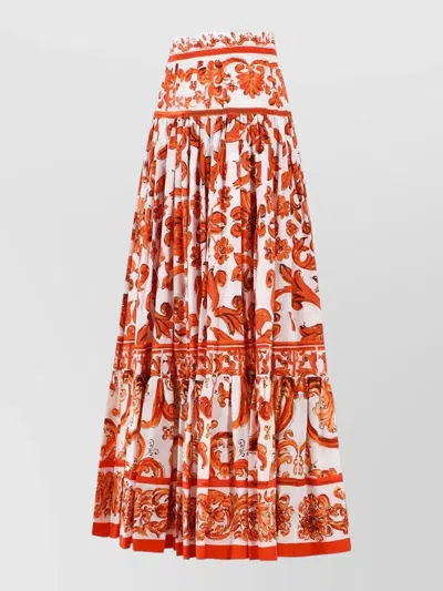 Dolce & Gabbana Long Majolica Print Cotton Poplin Skirt In Orange