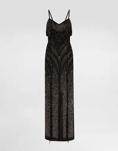 Dolce & Gabbana Long Marquisette Dress With Sequined Fringe Embellishment In Black