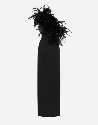 DOLCE & GABBANA LONG ONE-SHOULDER STRETCH CADY DRESS WITH FEATHERED NECKLINE