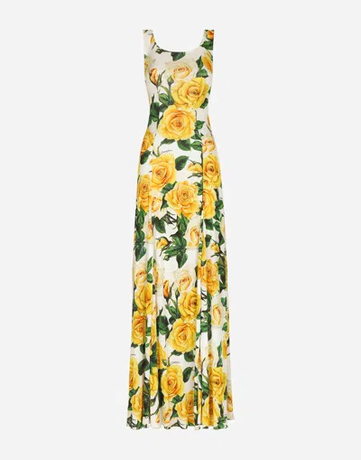 Dolce & Gabbana Long Organzine Round-neck Dress With Yellow Rose Print