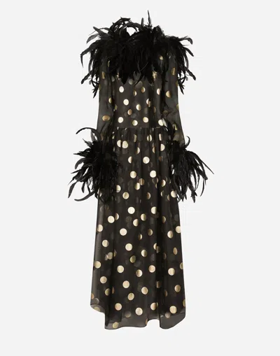 DOLCE & GABBANA LONG POLKA-DOT SILK ORGANZA DRESS WITH FEATHERED DETAILS