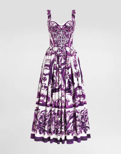 Dolce & Gabbana Long Poplin Dress With Majolica Print In Purple