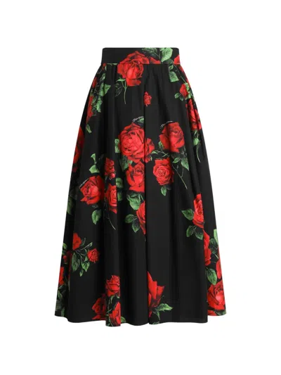 Dolce & Gabbana Long Rose Print Cotton Skirt With Center Back Zip In Black