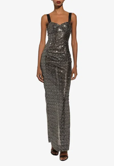 Dolce & Gabbana Long Sequined Corset Dress In Silver