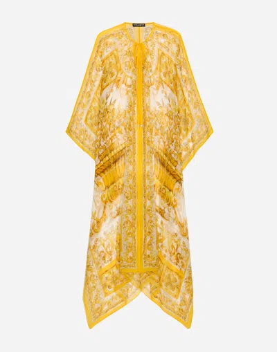 Dolce & Gabbana Long Silk Chiffon Dress With Majolica Print In Multicolor