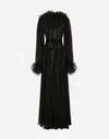 Dolce & Gabbana Long Silk Chiffon Dress With Ostrich Feather Details In Black