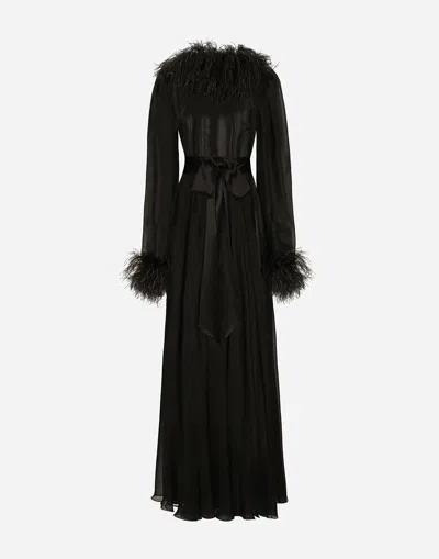 Dolce & Gabbana Long Silk Chiffon Dress With Ostrich Feather Details In Black