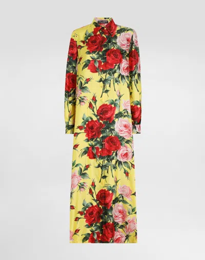 DOLCE & GABBANA LONG SILK SATIN CAFTAN WITH BOUQUET PRINT
