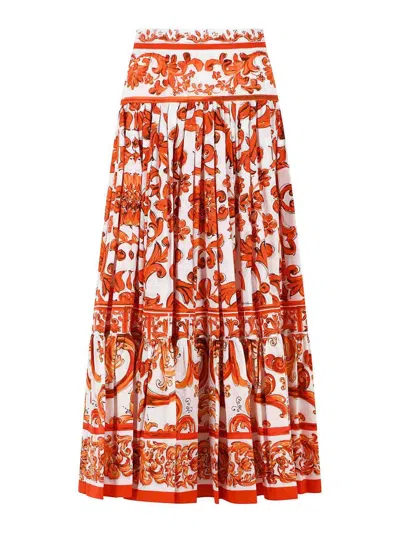Dolce & Gabbana Long Skirt In Majolica Print Cotton Poplin In Orange