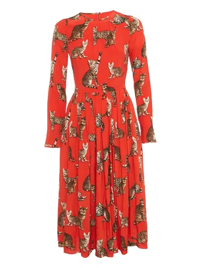 Pre-owned Dolce & Gabbana Long-sleeve Cat-print Midi Dress In Red