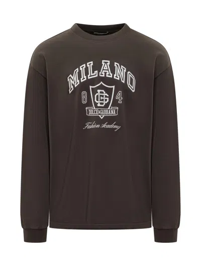 Dolce & Gabbana Long Sleeve Cotton T-shirt In Marrone Scuro