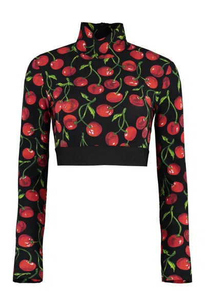 Dolce & Gabbana Cherry-print Long-sleeve Crop Top In Black