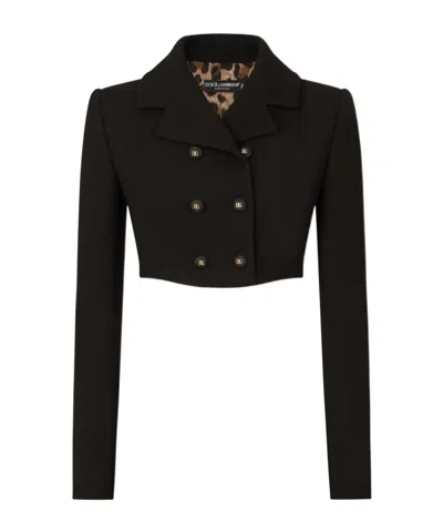 Dolce & Gabbana Double Breasted Wool Crepe Crop Blazer In Black