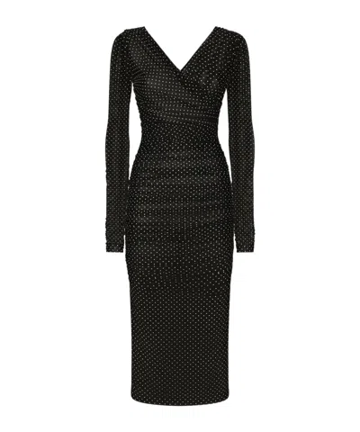 Dolce & Gabbana Draped Polka-dot Dress With Ruched Sleeves In Black