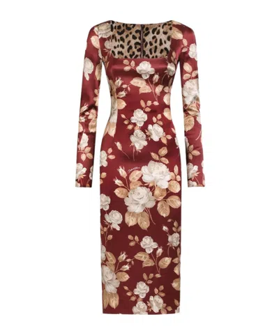 DOLCE & GABBANA ROSE-PRINT SQUARE-NECK MIDI DRESS