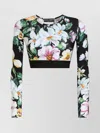 Dolce & Gabbana Long Sleeve Floral Print Crop Top In Black