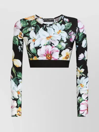 Dolce & Gabbana Long Sleeve Floral Print Crop Top In Black