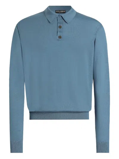 Dolce & Gabbana Long-sleeve Knitted Polo Shirt In Blue