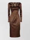 Dolce & Gabbana Long Sleeve Midi Dress With Animal Print Detail In Brown