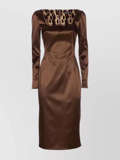 Dolce & Gabbana Long Sleeve Midi Dress With Animal Print Detail In Brown
