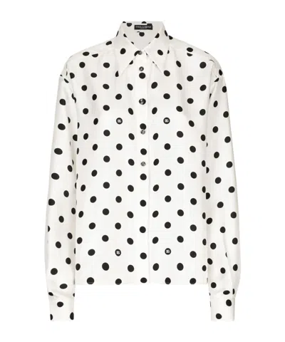 Dolce & Gabbana Polka Dots Logo Printed Silk Twill Shirt In White
