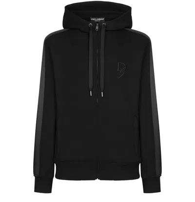 Dolce & Gabbana Cotton Jersey Hoodie With Dg Embroidery In Noir