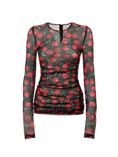 DOLCE & GABBANA LONG SLEEVE T-SHIRT IN BLACK TULLE PRINT CHERRY DOLCE & GABBANA