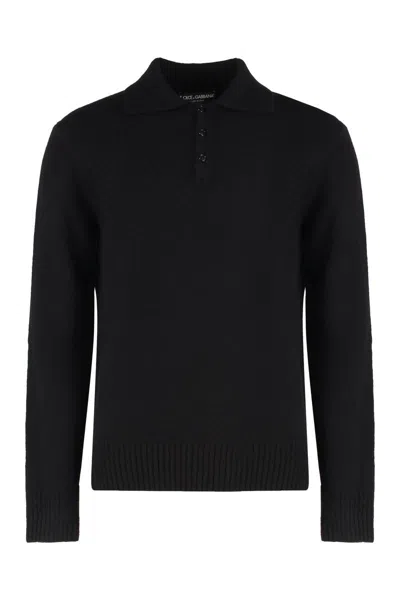 Dolce & Gabbana Long Sleeve Wool Polo In Black