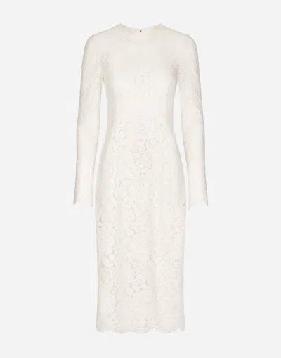 Dolce & Gabbana Long-sleeved Branded Stretch Lace Dress In White