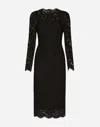 Dolce & Gabbana Long-sleeved Calf-length Dress In Branded Stretch Lace In Black