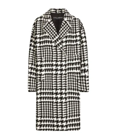 Dolce & Gabbana Black And White Coat With All-over Check Motiv In Wool Blend