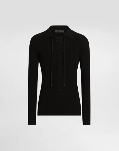 Dolce & Gabbana Long-sleeved Interlock Jersey Polo-shirt With Laces In Black