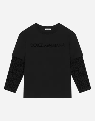 Dolce & Gabbana Long-sleeved Jersey T-shirt With Flocked Logo Print In Multicolor