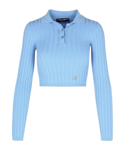 Dolce & Gabbana Long-sleeved Knitted Polo Shirt In Blue