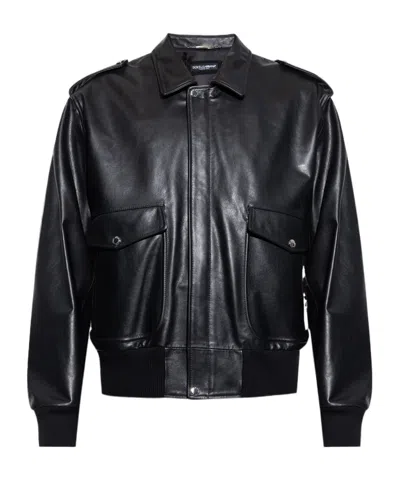 Dolce & Gabbana Long-sleeved Leather Jacket In Black
