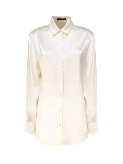 Dolce & Gabbana Long-sleeved Silk Shirt In Natural_white