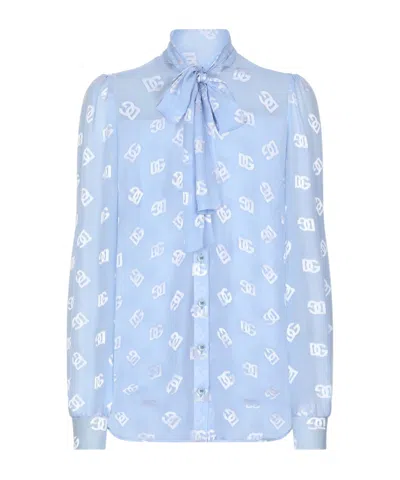 Dolce & Gabbana Pussy-bow Collar Semi-sheer Shirt In Blue