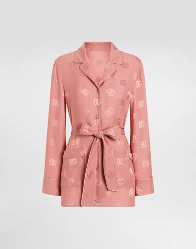 Dolce & Gabbana Long-sleeved Silk Jacquard Pajama Shirt With Dg Logo In Pink
