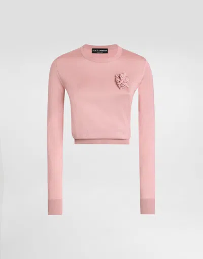 Dolce & Gabbana Long-sleeved Silk Sweater With Flower In Pink