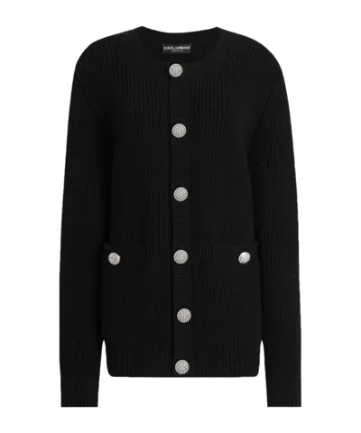 Dolce & Gabbana Jewel-button Ribbed Cardigan In Black