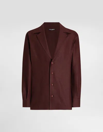 Dolce & Gabbana Long-sleeved V-neck Shirt In Linen Fabric In Multicolor