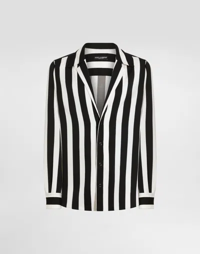 Dolce & Gabbana Long-sleeved V-neck Shirt In Silk Charmeuse In Multicolor