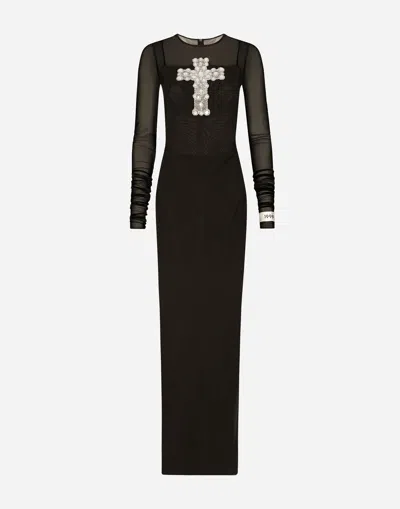 DOLCE & GABBANA LONG TULLE DRESS WITH RHINESTONE CROSS EMBELLISHMENT