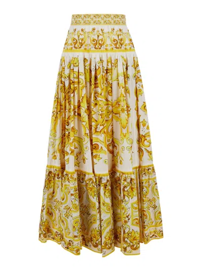 DOLCE & GABBANA LONG YELLOW AND WHITE SKIRT WITH RUFFLES AND MAJOLICA PRINT IN COTTON WOMAN